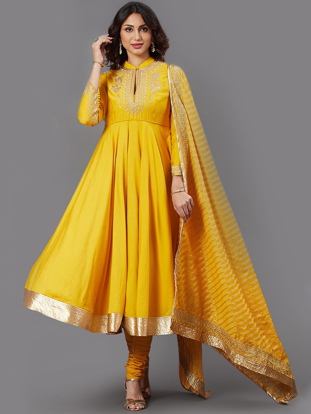 

Biba by Rohit Bal by Rohit Bal Yellow & Gold-Toned Yoke Design Empire Kurta with Churidar & Dupatta