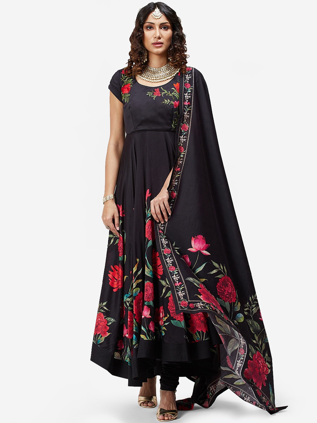 

Biba by Rohit Bal Women Black & Red Floral Printed Pleated Kurta With Churidar & Dupatta