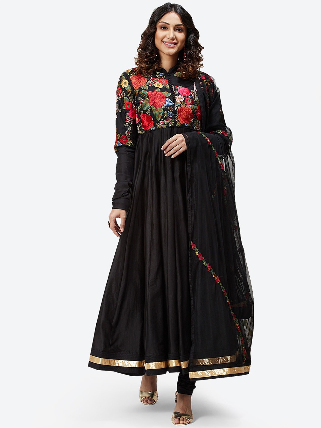 

Biba by Rohit Bal Black & Red Floral Yoke Design Pleated Kurta with Churidar & Dupatta