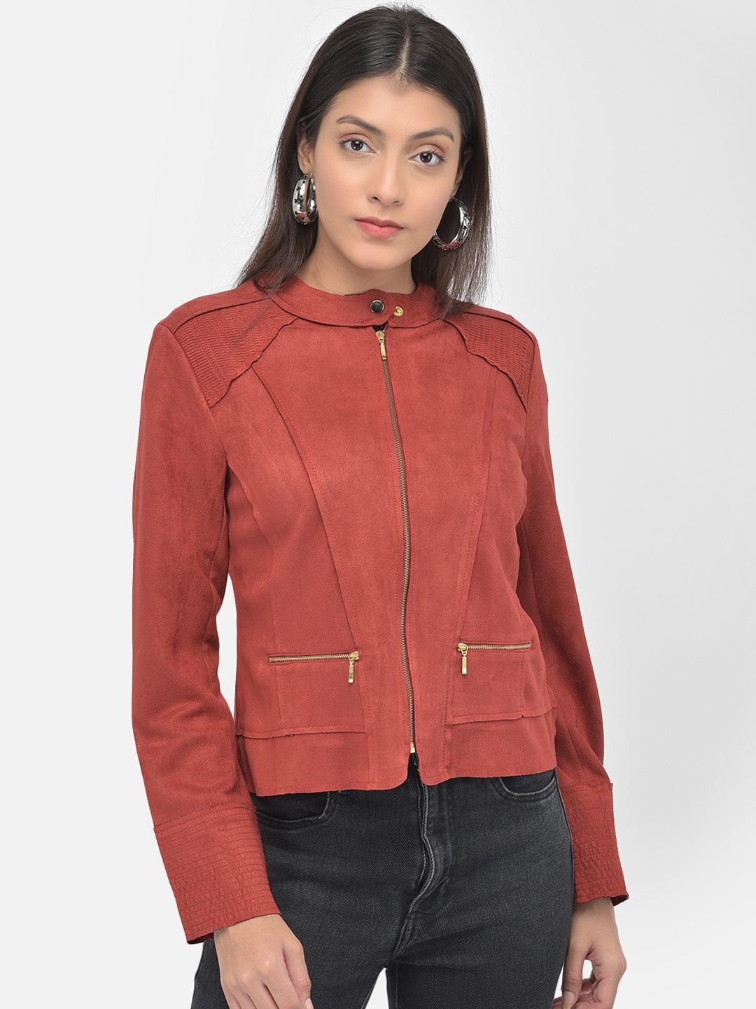 

Latin Quarters Women Rust Geometric Crop Biker Jacket