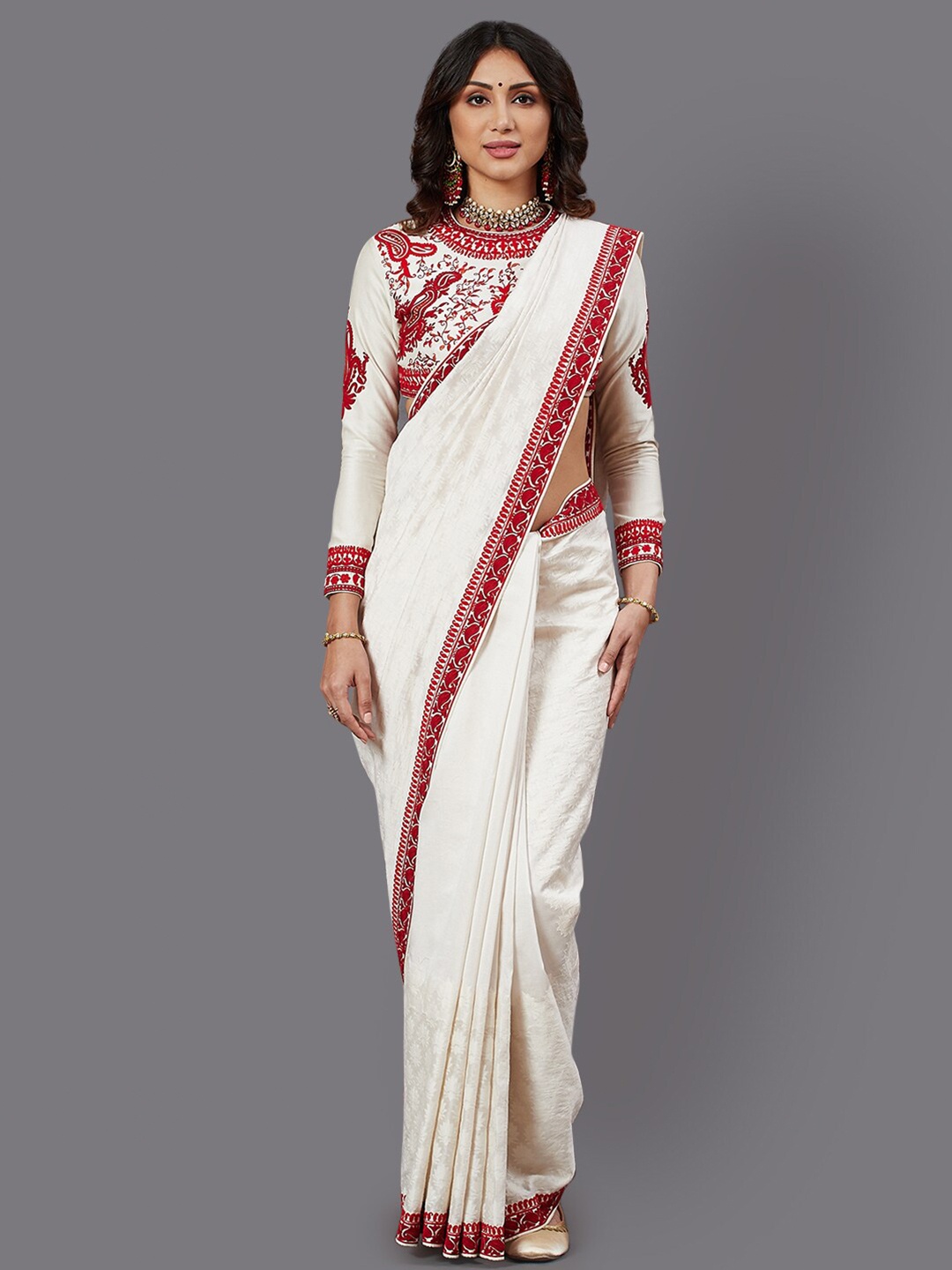 

Biba by Rohit Bal by Rohit Bal Off White & Red Floral Silk Blend Chanderi Saree
