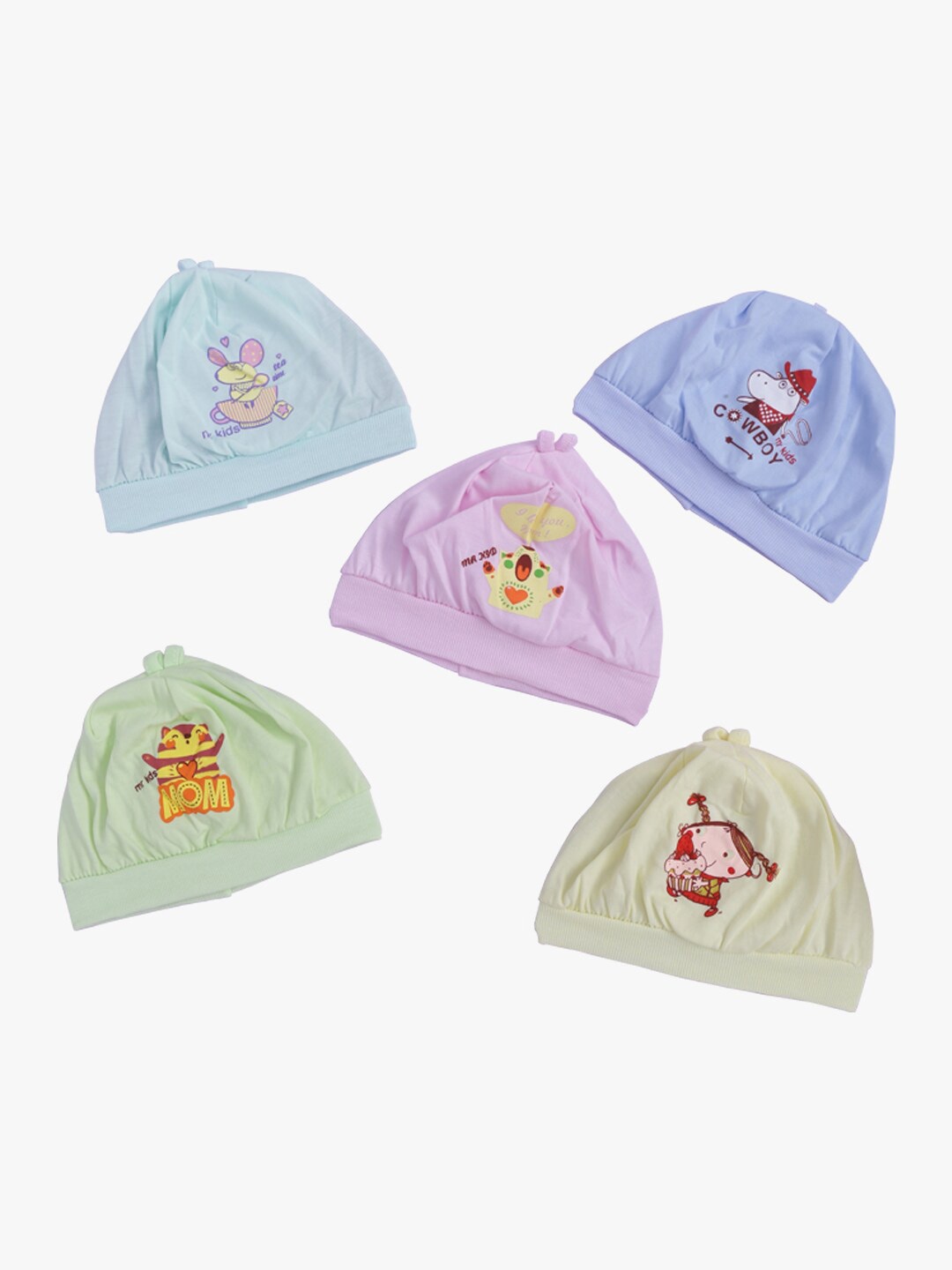 

POKORY Kids Pack Of 5 Assorted Printed Pure Cotton Beanie