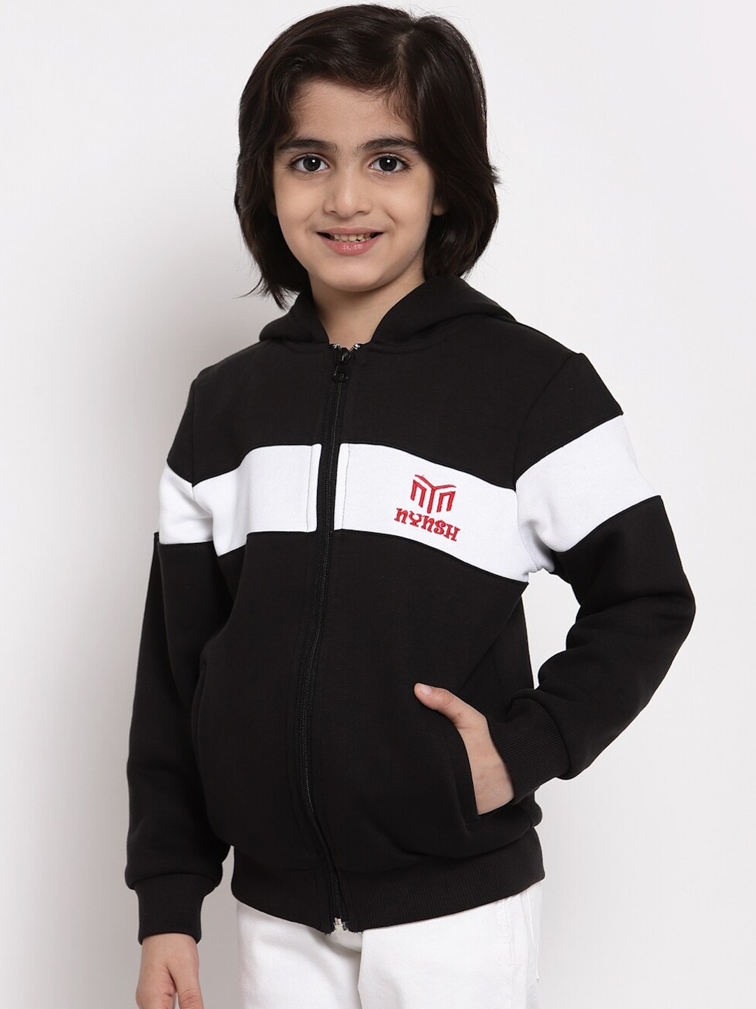 

NYNSH Boys Black & White Colourblocked Hooded Cotton Sweatshirt