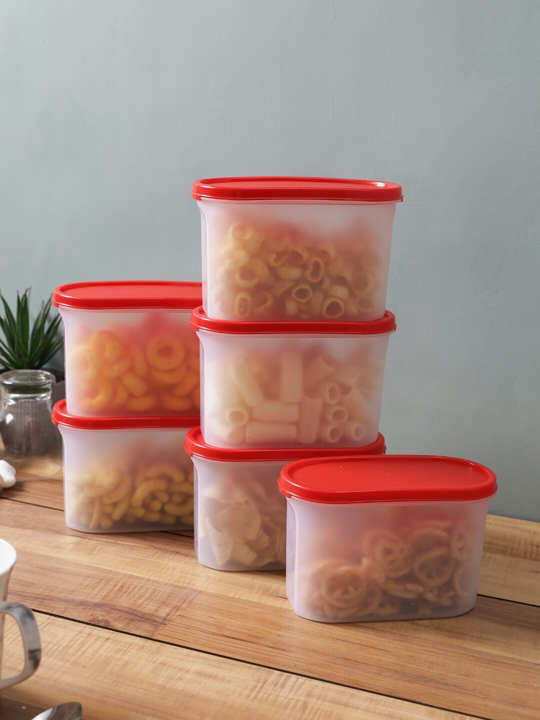 

Abode Set Of 6 Transparent & Red Solid Kitchen Storage Containers