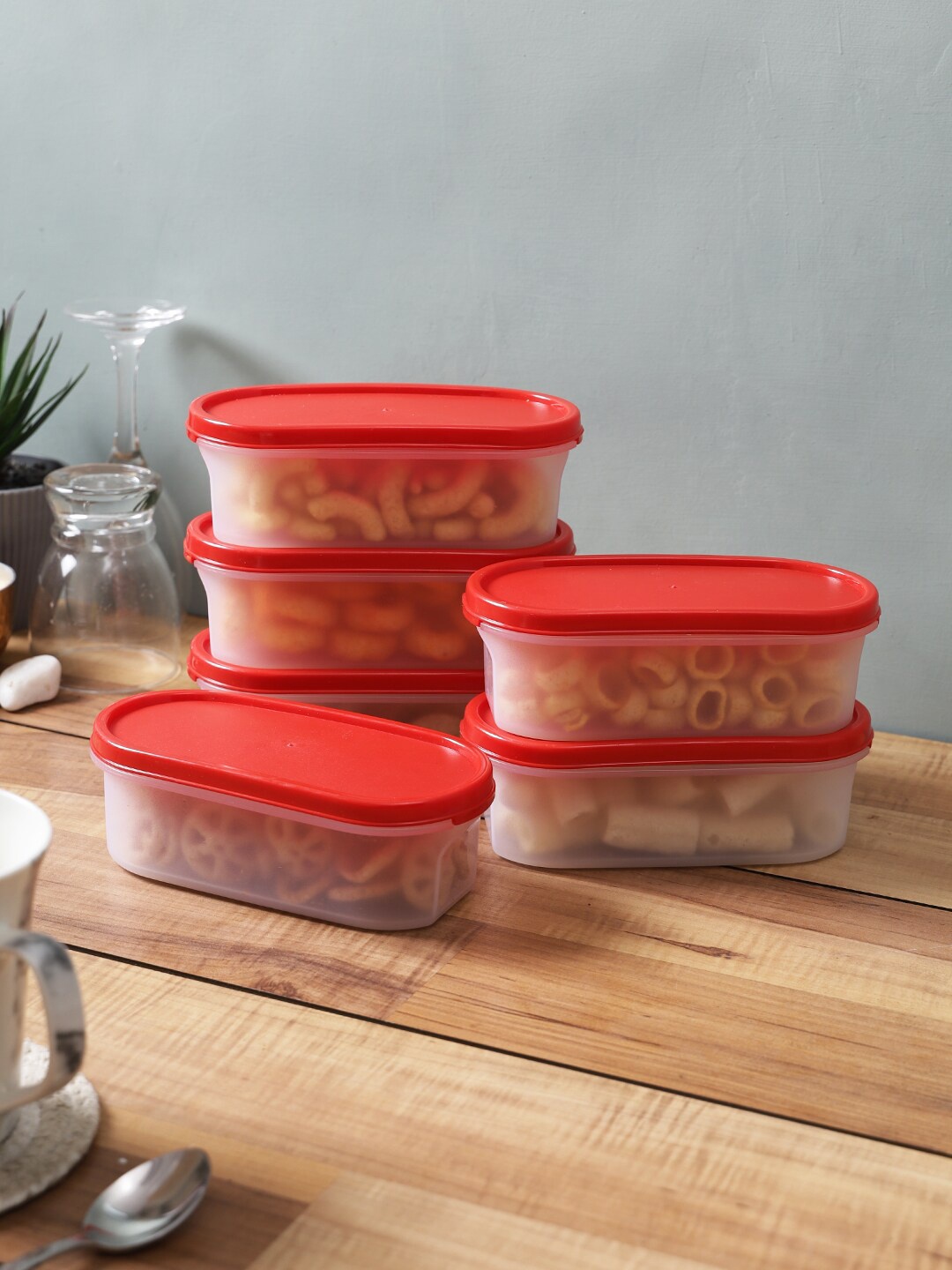 

Abode Set Of 6 Transparent & Red Solid Kitchen Storage Containers