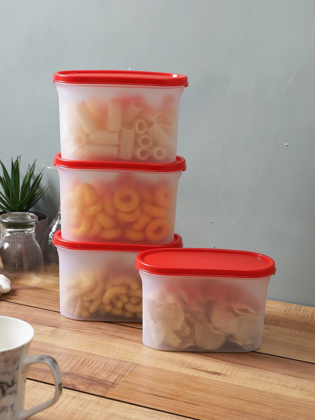 

Abode Set Of 4 Transparent & Red Plastic Air Tight Food Storage Containers Set