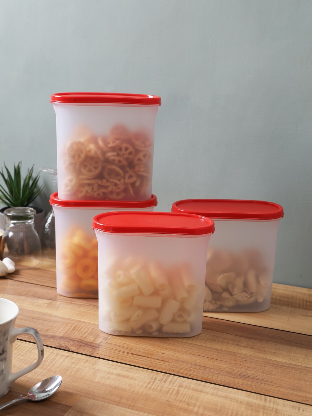 

Abode Set Of 4 Transparent & Red Plastic Air Tight Food Storage Container Set