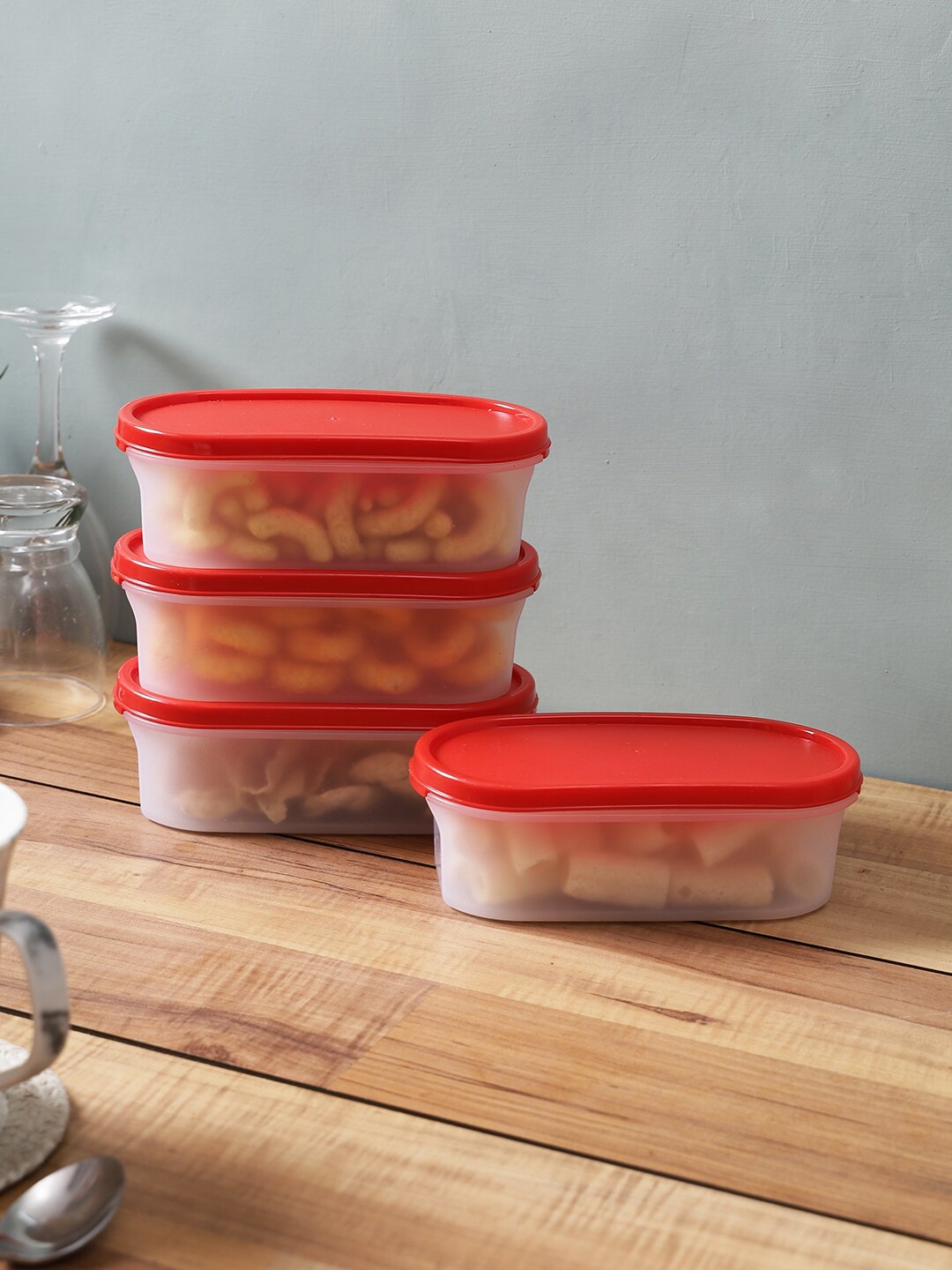 

Abode Set Of 4 Transparent & Red Solid Kitchen Storage Airtight Containers