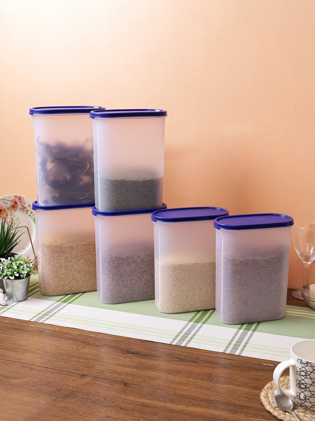 

Abode Set Of 6 Transparent & Blue Plastic Air Tight Kitchen Storage Containers