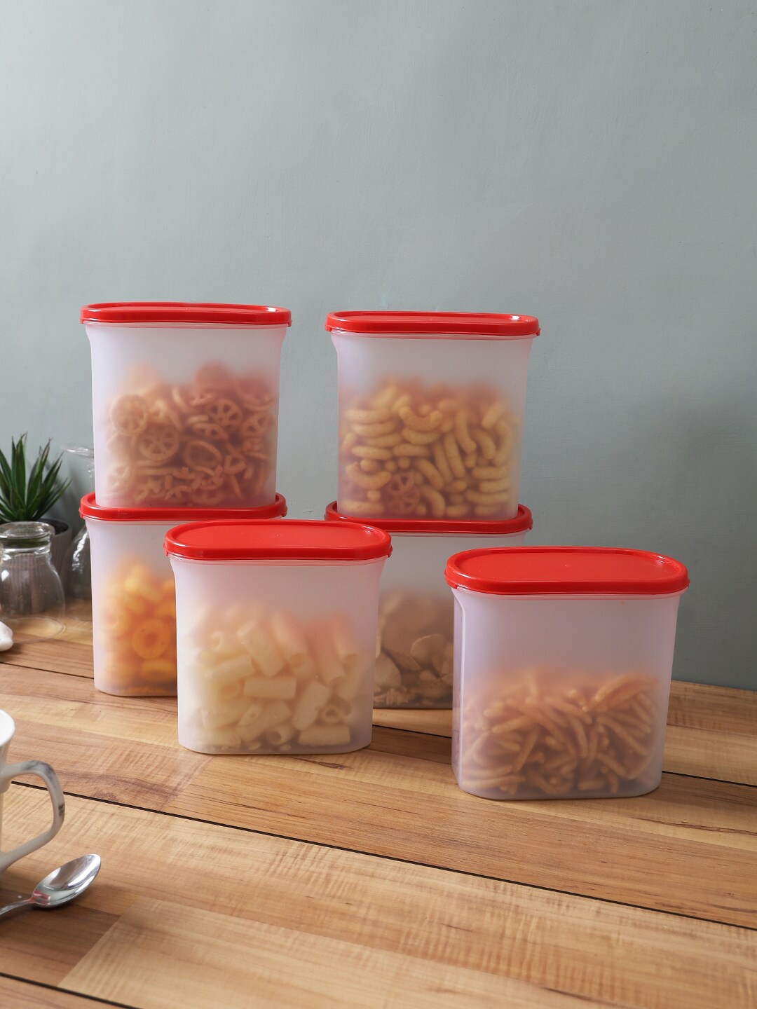 

Abode Set Of 6 Transparent & Red Solid Kitchen Storage Containers