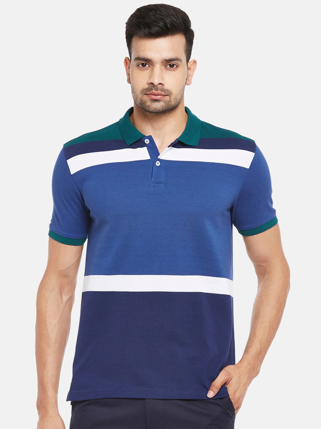 

BYFORD by Pantaloons Men Green & White Colourblocked Polo Collar Slim Fit T-shirt