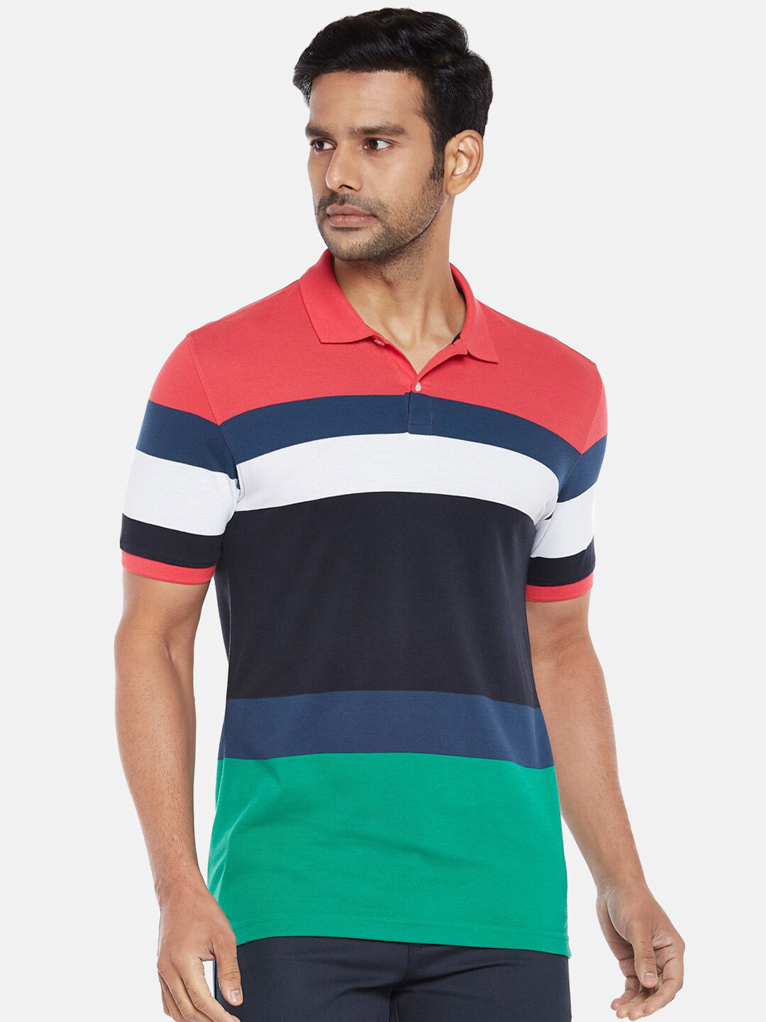 

BYFORD by Pantaloons Men Pink & Navy Blue Colourblocked Polo Collar Slim Fit T-shirt