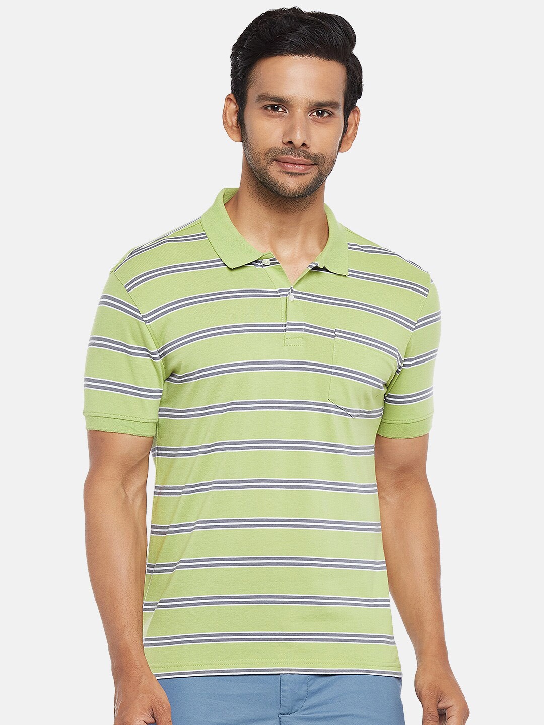 

BYFORD by Pantaloons Men Green Striped Polo Collar Pockets Slim Fit T-shirt