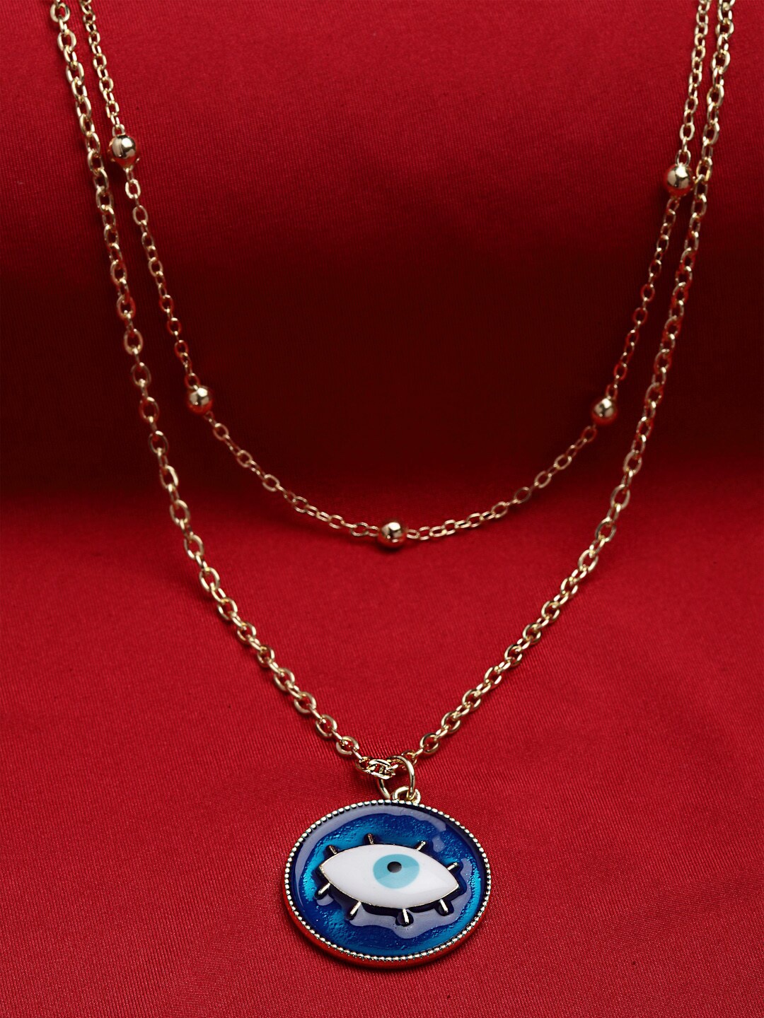 

VOGUE PANASH Gold-Plated Teal Blue & White Enamelled Evil Eye Pendant With Chain