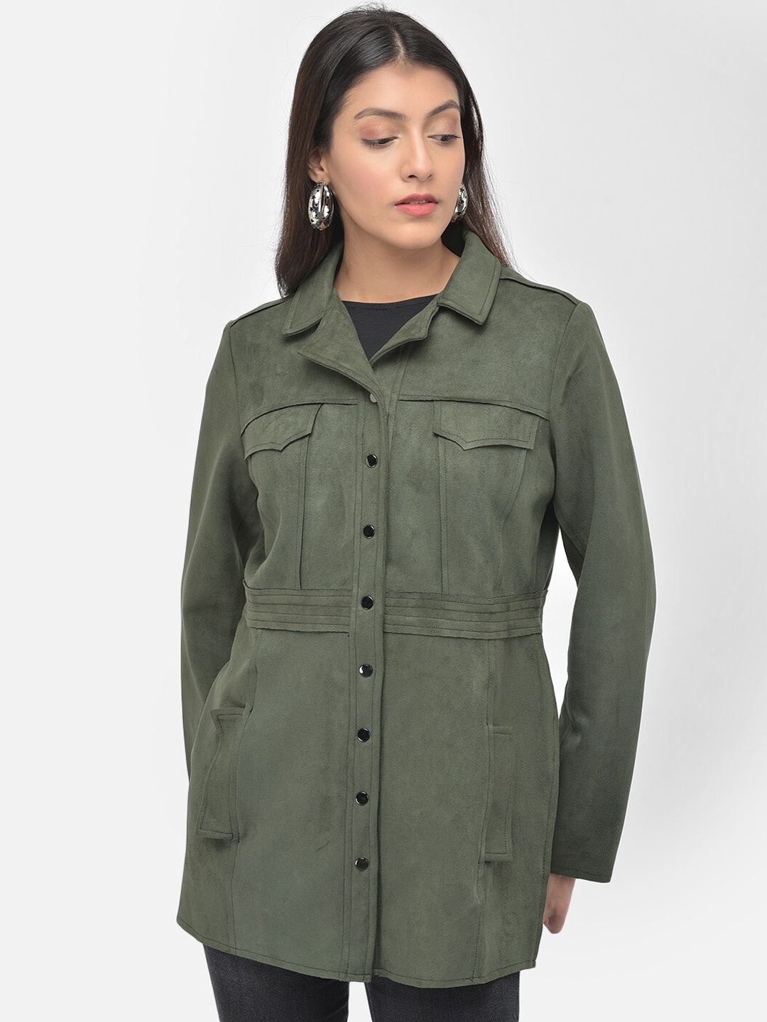

Latin Quarters Women Olive Green Solid Longline Regular-Fit Trench Coat