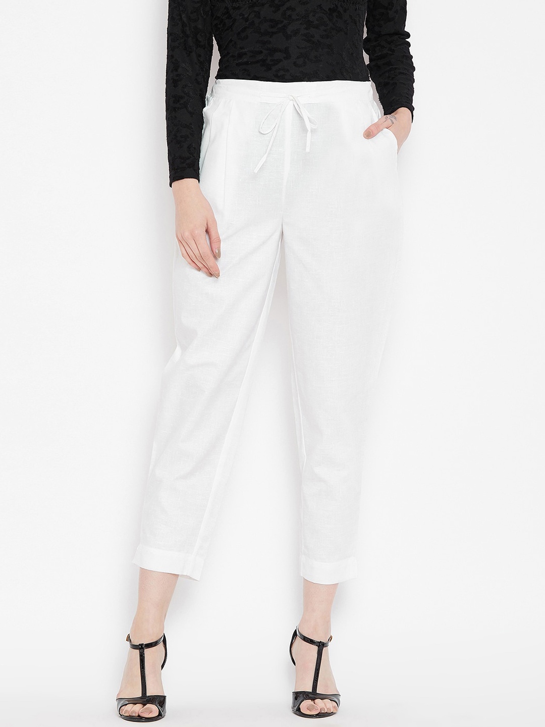 

Bitterlime Women White Relaxed Peg Trousers