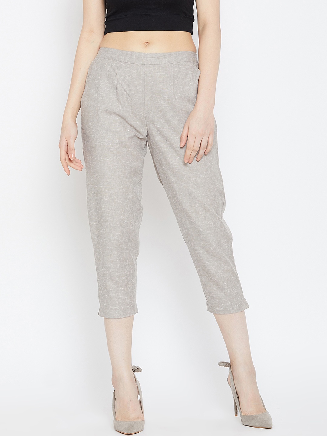 

Bitterlime Women Grey Relaxed Pleated Cigerette Trousers