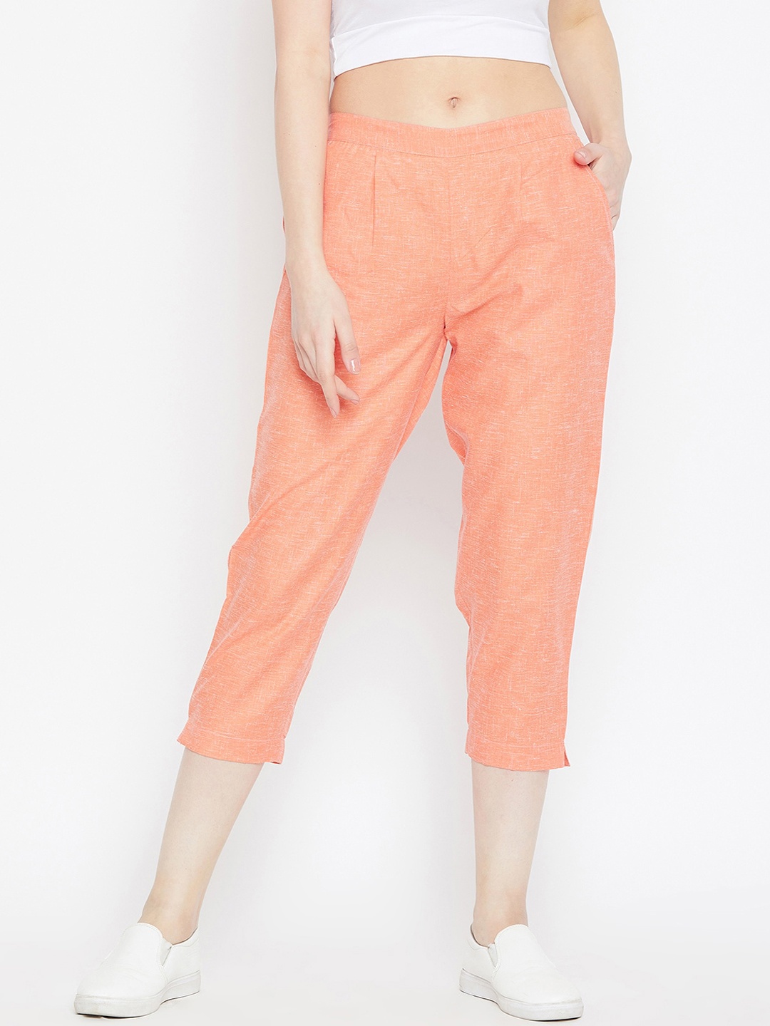 Bitterlime Women Coral Textured Relaxed Pleated Cropped Trousers