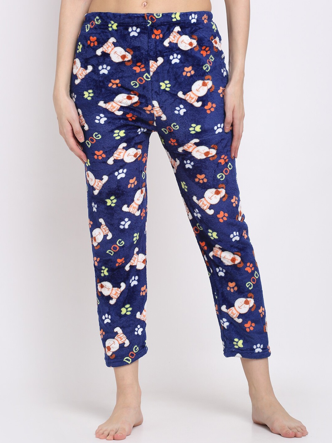 

NEUDIS Women Navy Blue & Orange Printed Fleece Lounge Pants