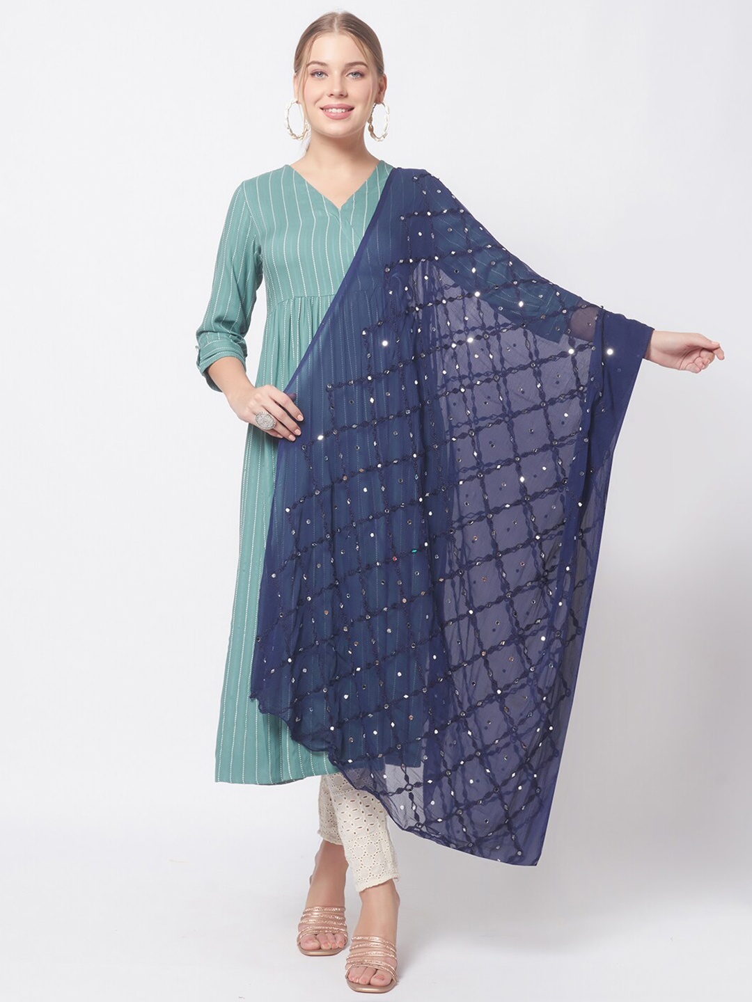 Dupatta Bazaar Navy Blue Embroidered Dupatta with Mirror Work