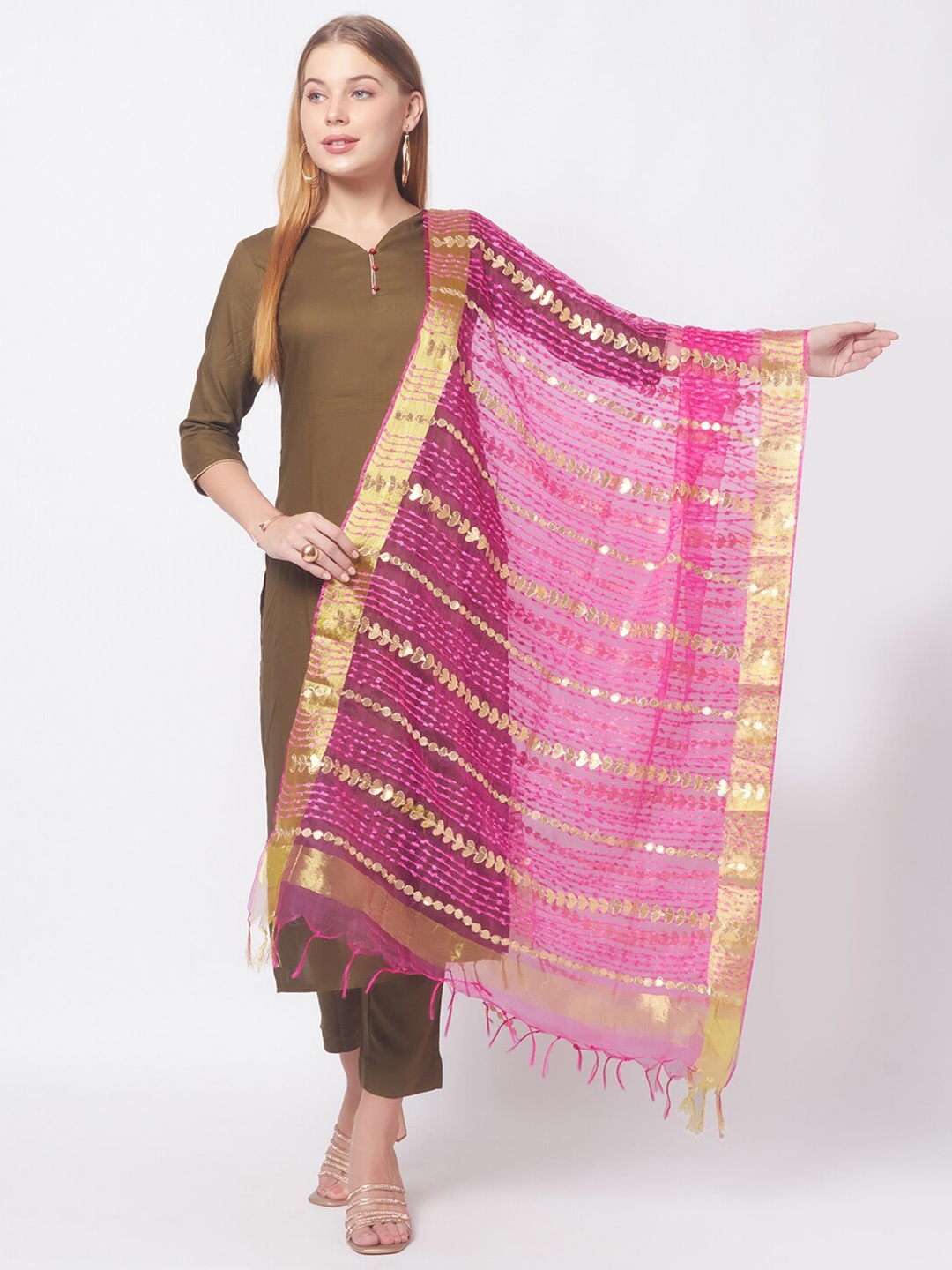 

Dupatta Bazaar Fuchsia & Gold-Toned Embroidered Organza Dupatta with Zardozi