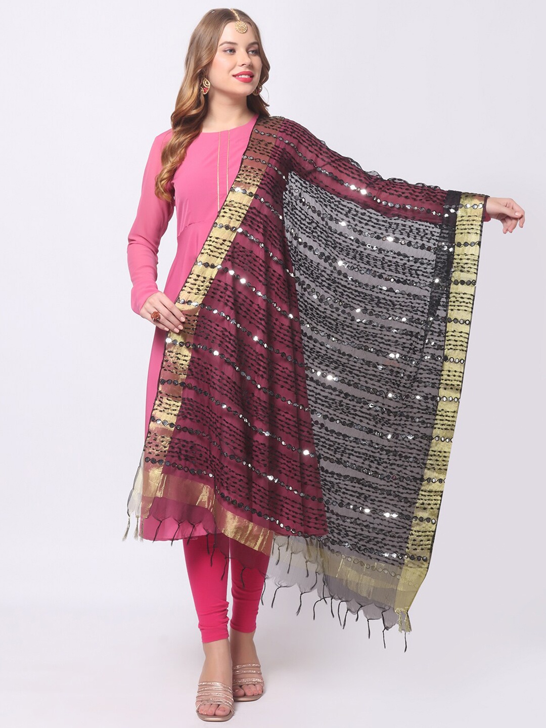 

Dupatta Bazaar Black & Gold-Toned Striped Organza Dupatta with Mirror Work