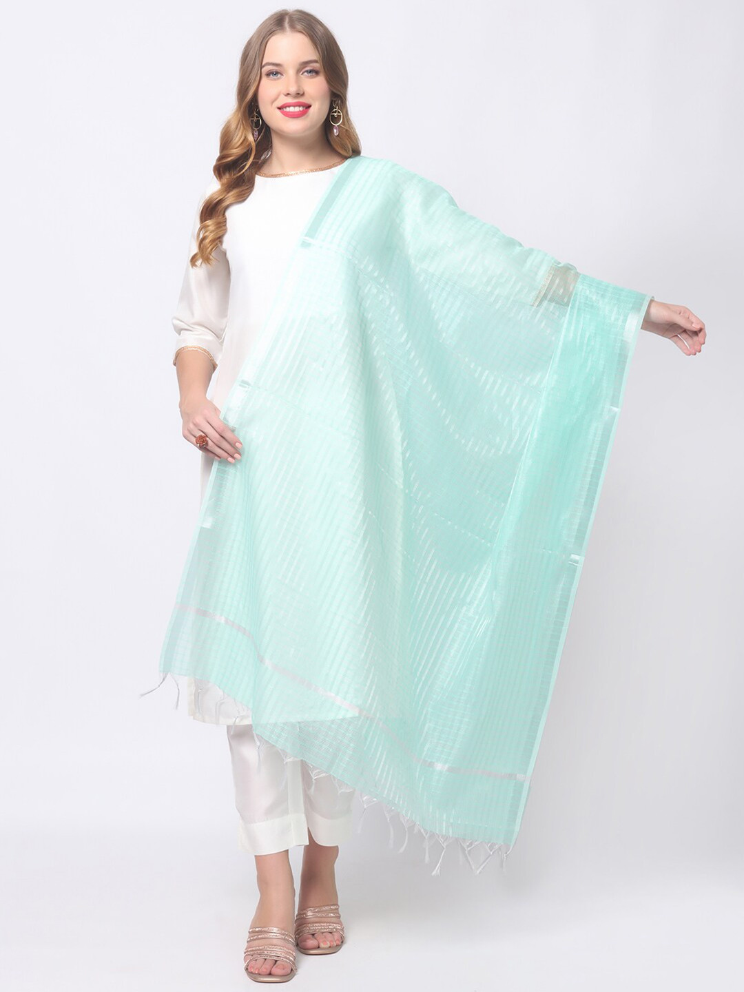 

Dupatta Bazaar Sea Green Striped Dupatta