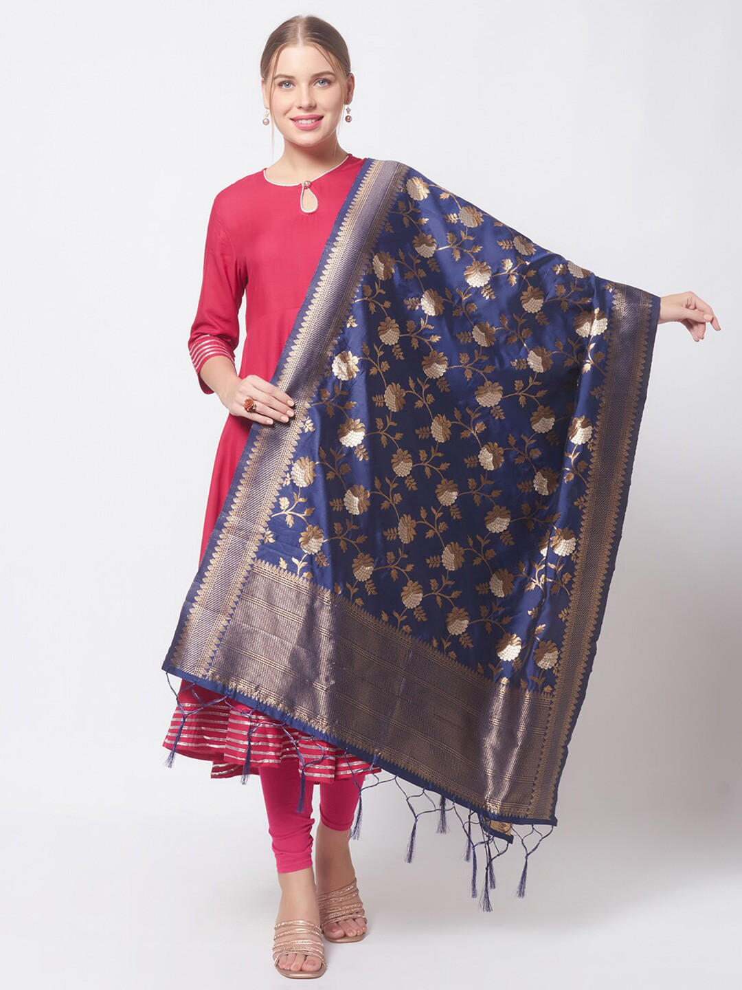 

Dupatta Bazaar Navy Blue & Gunmetal-Toned Woven Design Dupatta