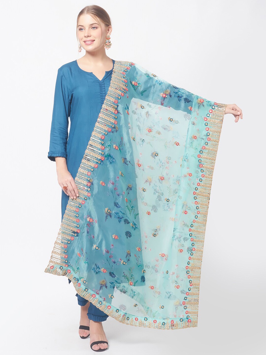 

Dupatta Bazaar Sea Green & Red Embroidered Organza Dupatta with Zardozi