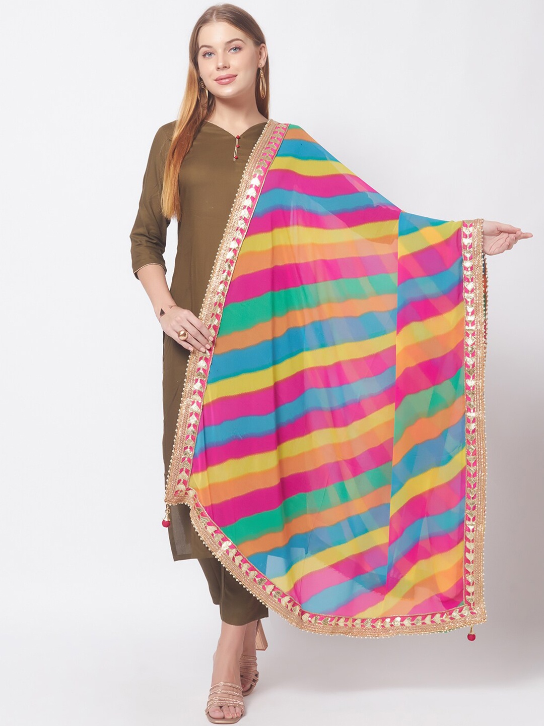 

Dupatta Bazaar Blue & Yellow Printed Dupatta with Gotta Patti