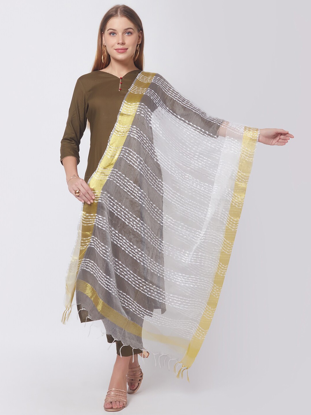 

Dupatta Bazaar White & Gold-Toned Woven Design Organza Dupatta