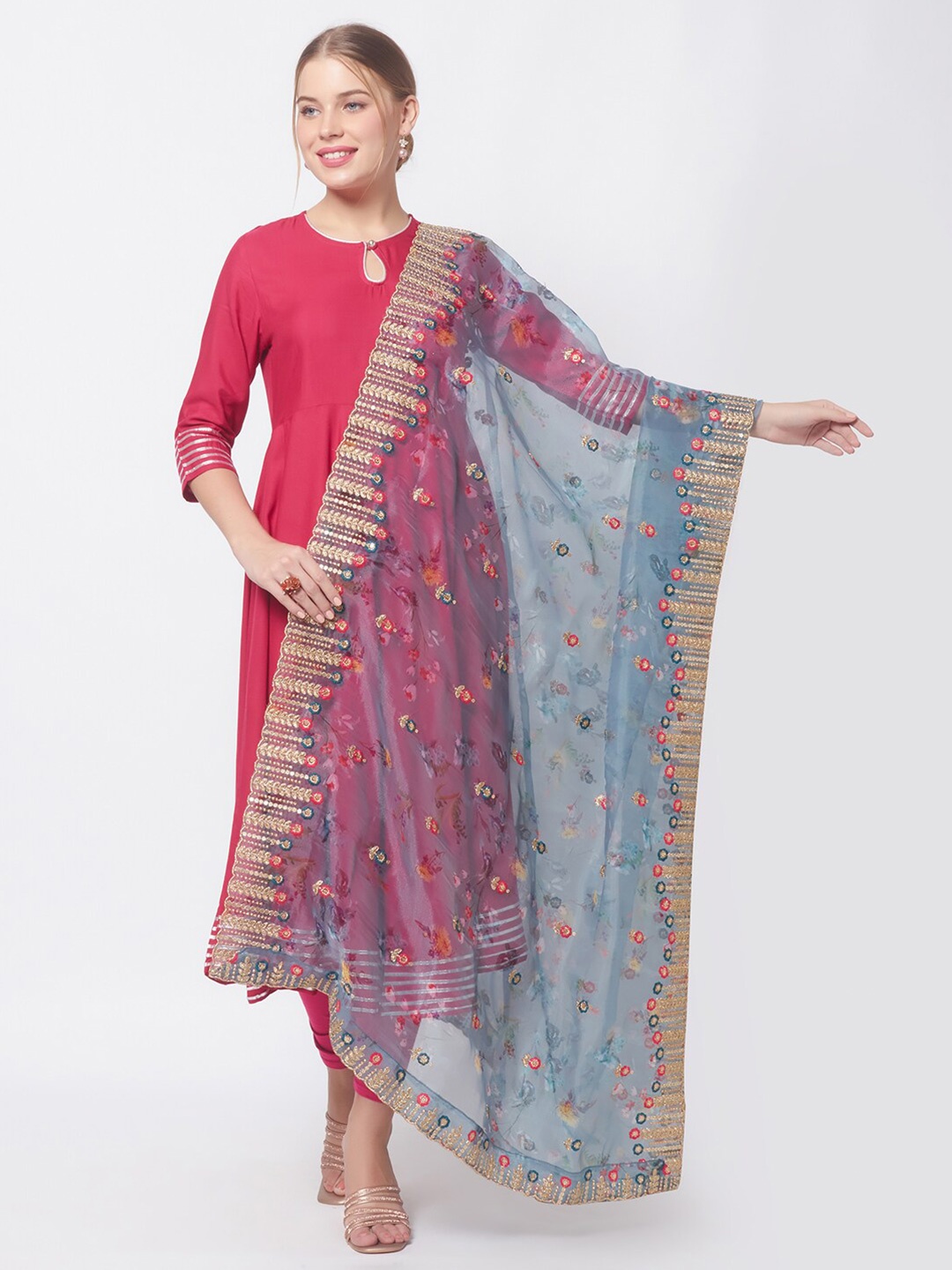 

Dupatta Bazaar Grey & Gold-Toned Embroidered Organza Dupatta with Zardozi