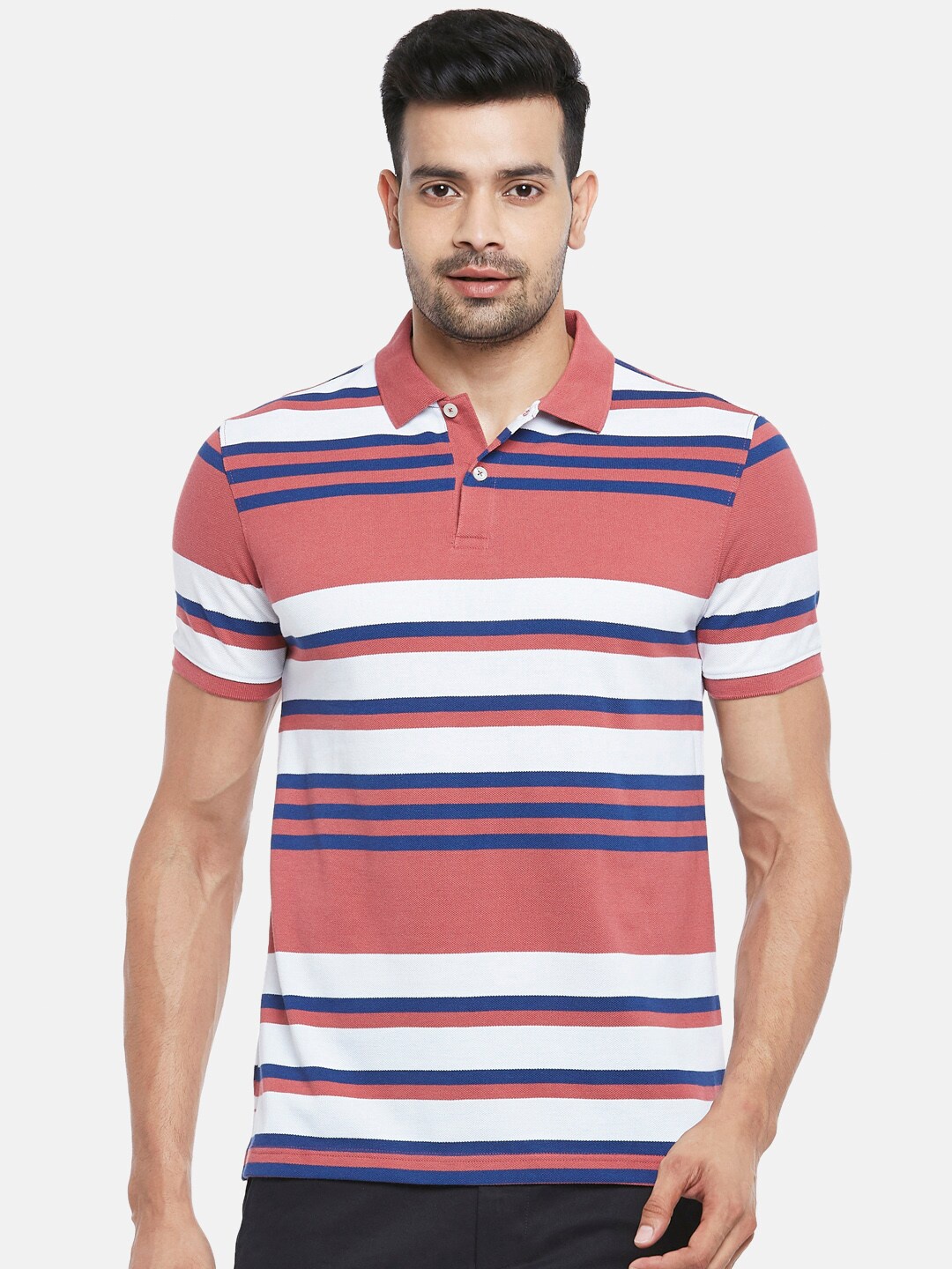 

BYFORD by Pantaloons Men Pink & White Striped Polo Collar Slim Fit T-shirt