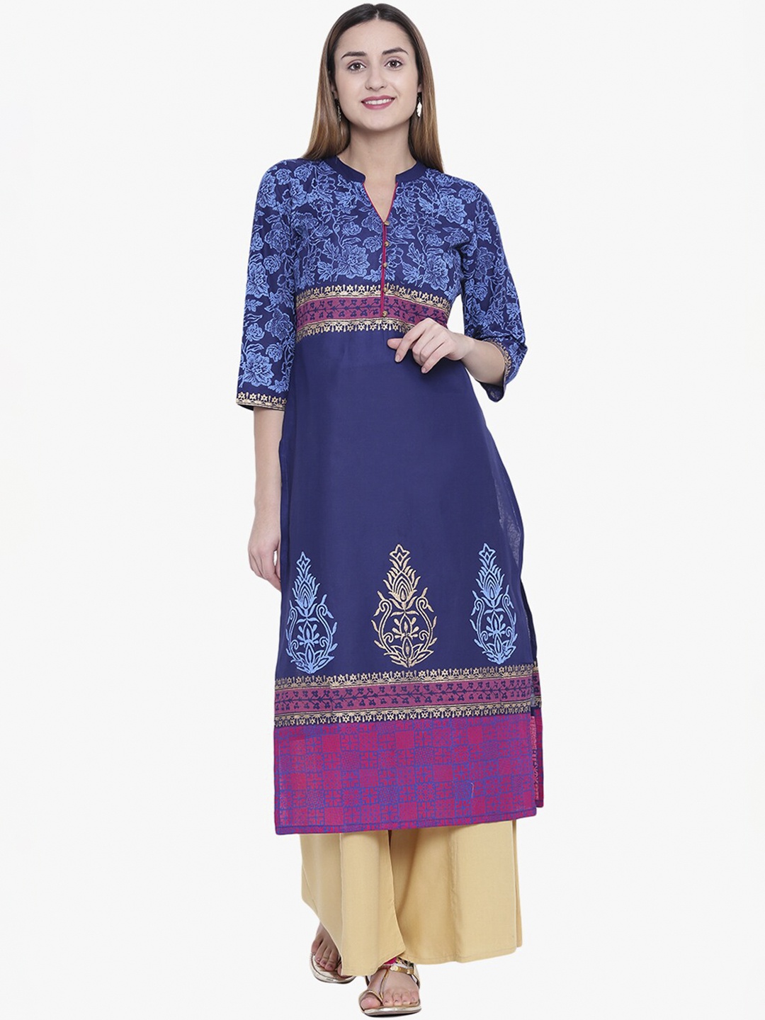 

Varkha Fashion Women Navy Blue & Pink Ethnic Motifs Printed Block Print Kurta