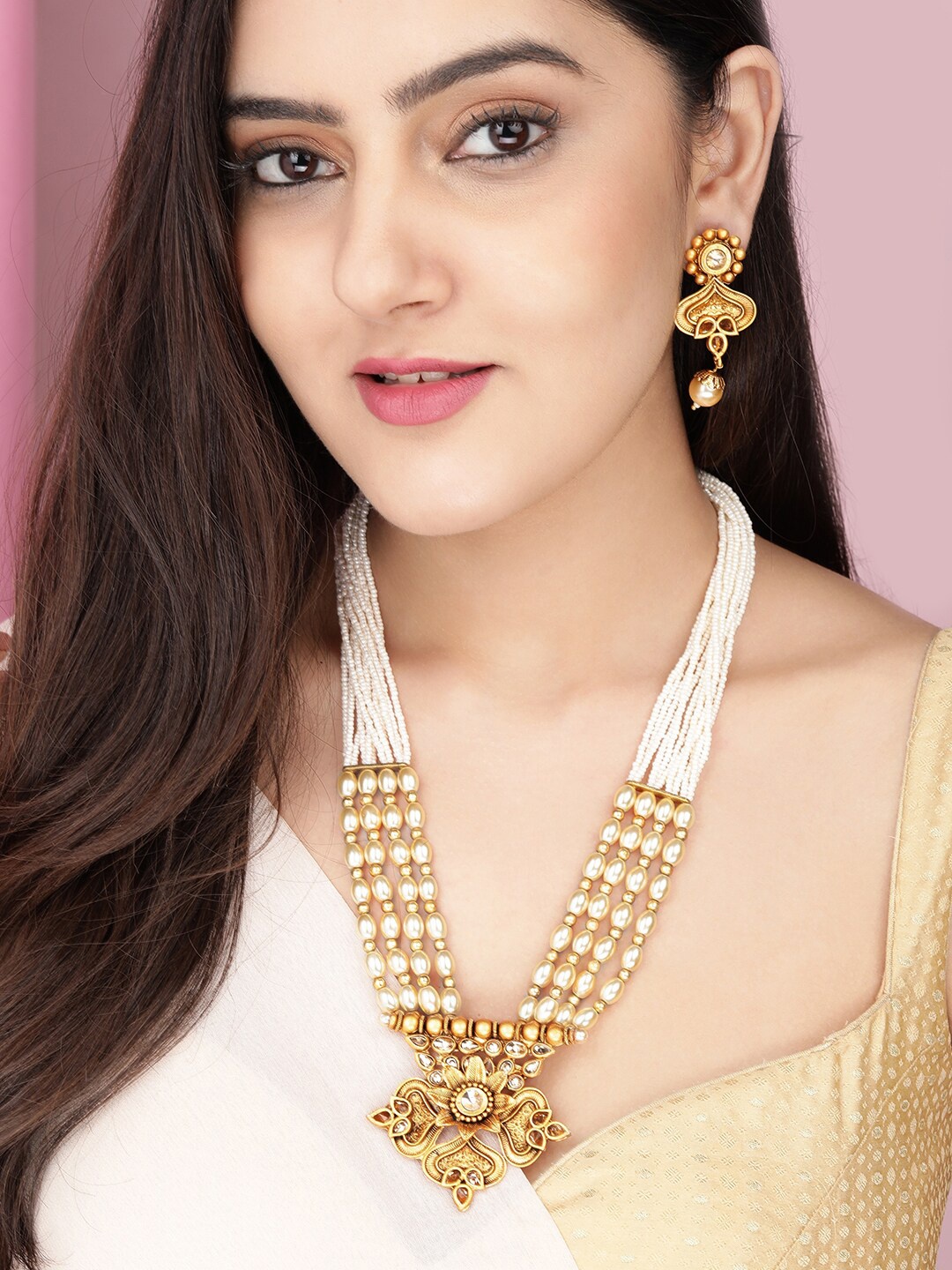 

Rubans Gold-Plated White Kundan Studded Handcrafted Jewellery Set
