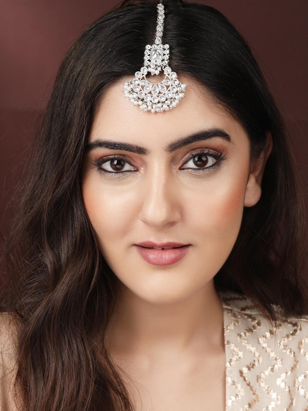 

Rubans White & Silver-Plated Handcrafted AD Studded Maangtika