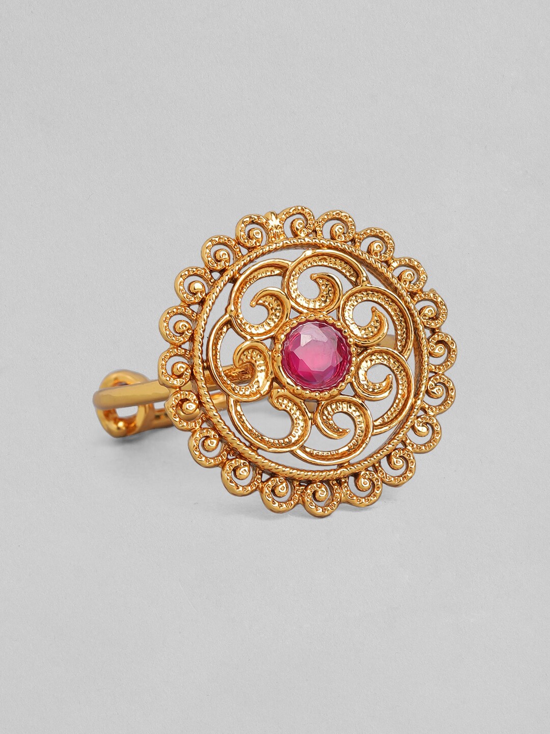 

Rubans 24K Gold Plated Pink Handcrafted Kundan Studded Filigree Ring