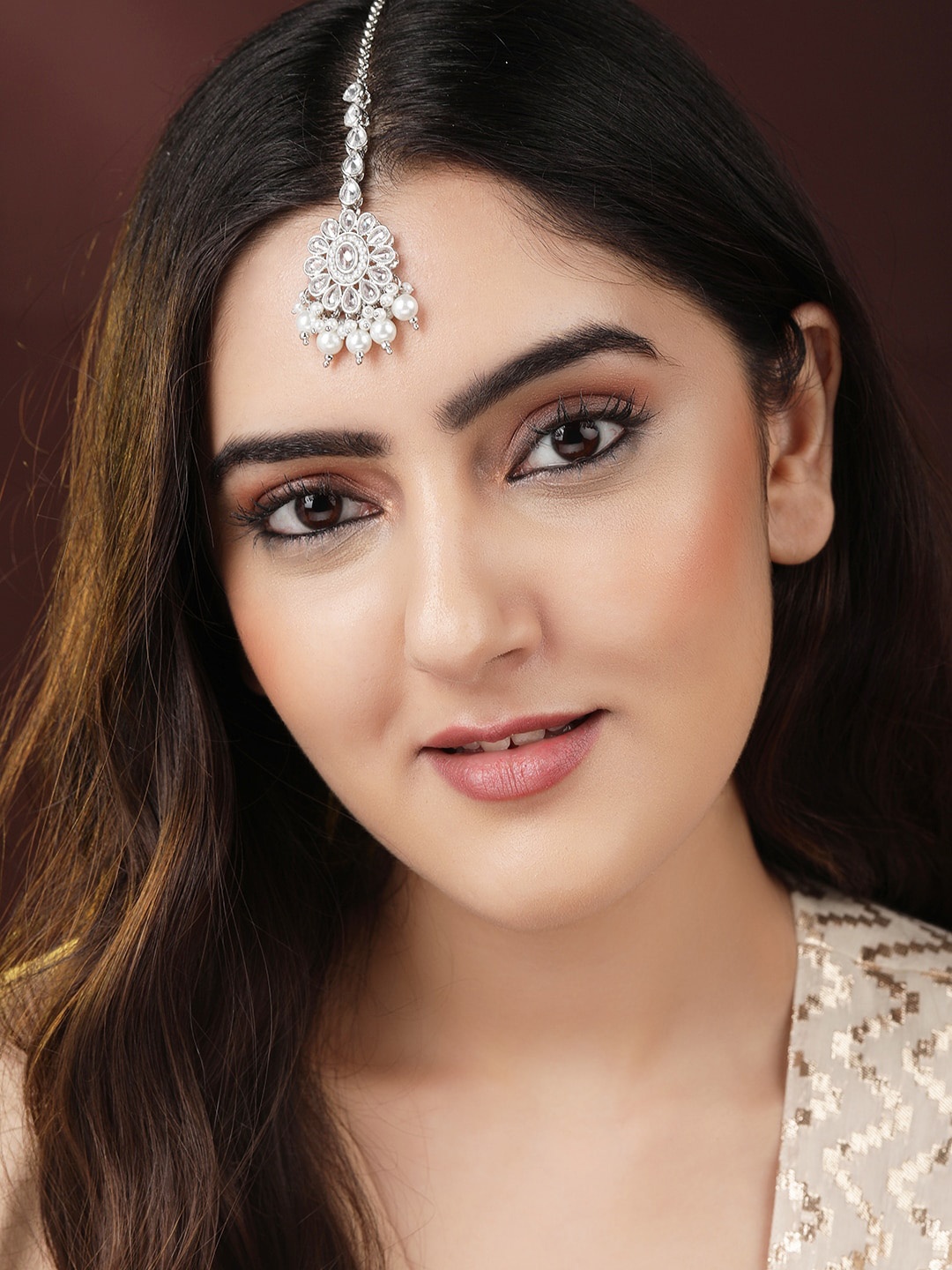 

Rubans Silver-Plated White AD Studded & Beaded Handcrafted Maang Tika