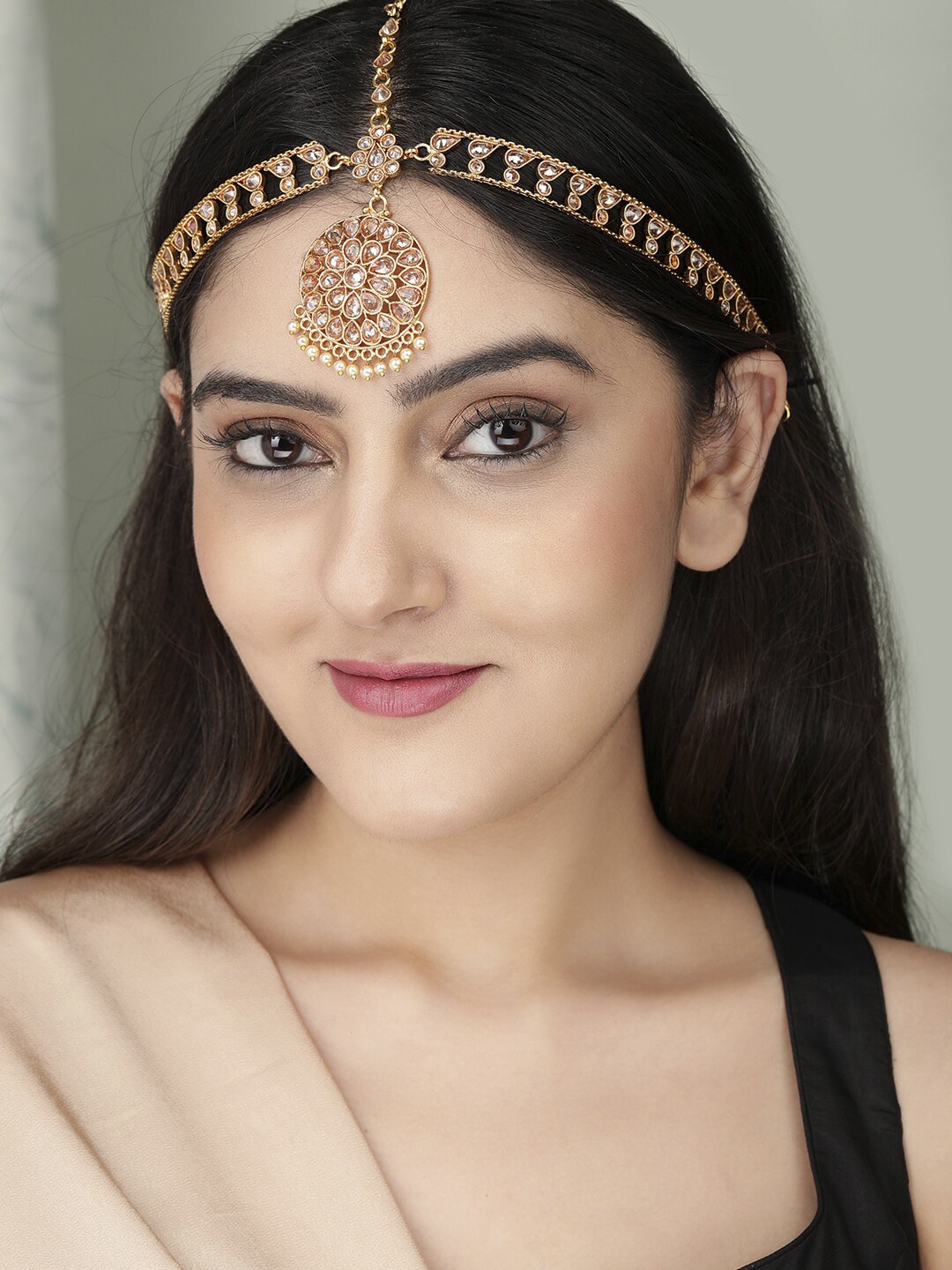 

Rubans 24K Gold Plated Handcrafted White Stone Studded Mathapatti
