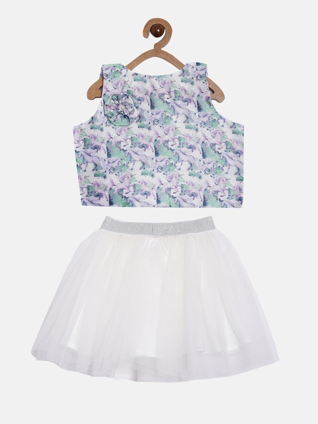 

Aomi Girls White & Green Printed Top with Skirt