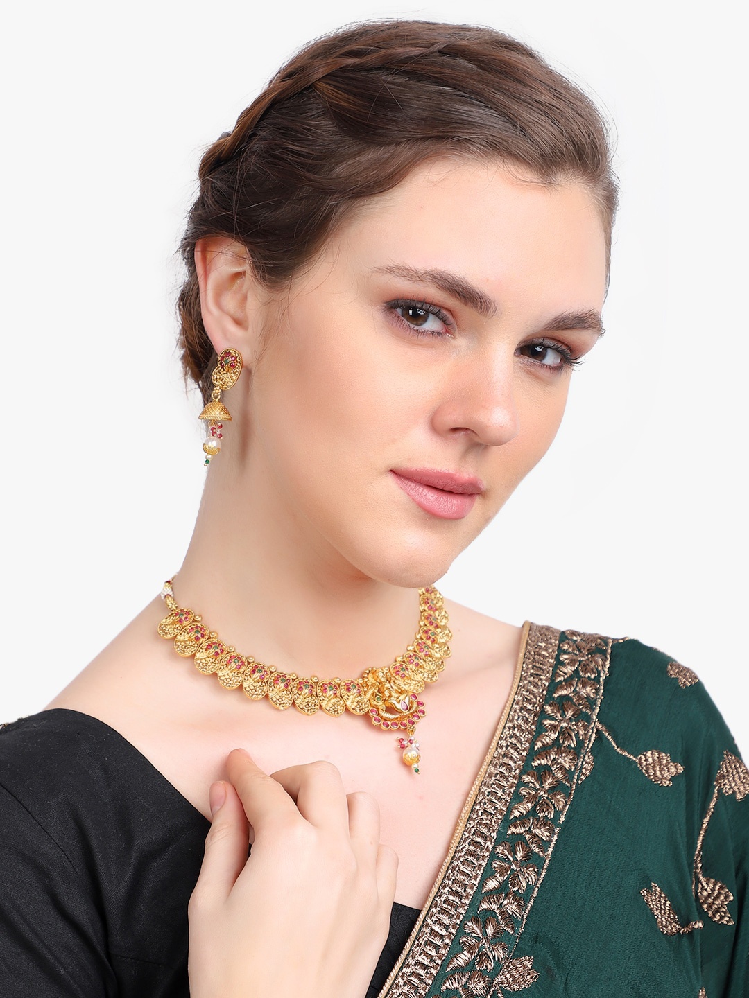 

Adwitiya Collection 24CT Gold-Plated Stone-Studded & Beaded Temple Antique Handcrafted Jewellery Set