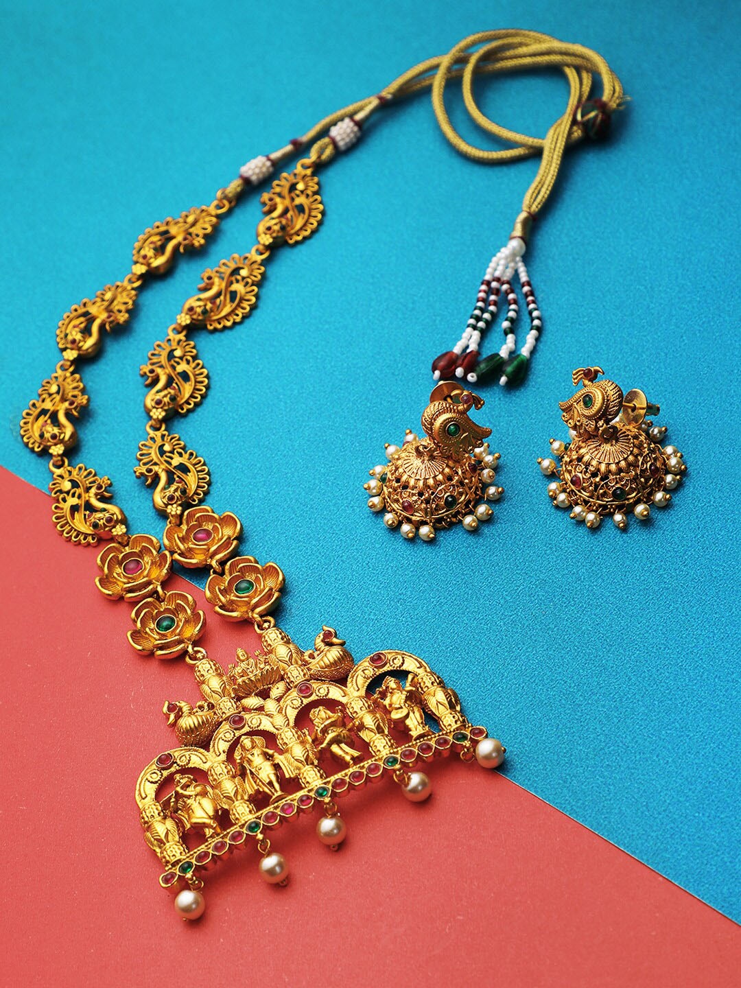 

Adwitiya Collection 24CT Gold-Plated Red & Green Stone-Studded & Beaded Antique Jewellery Set