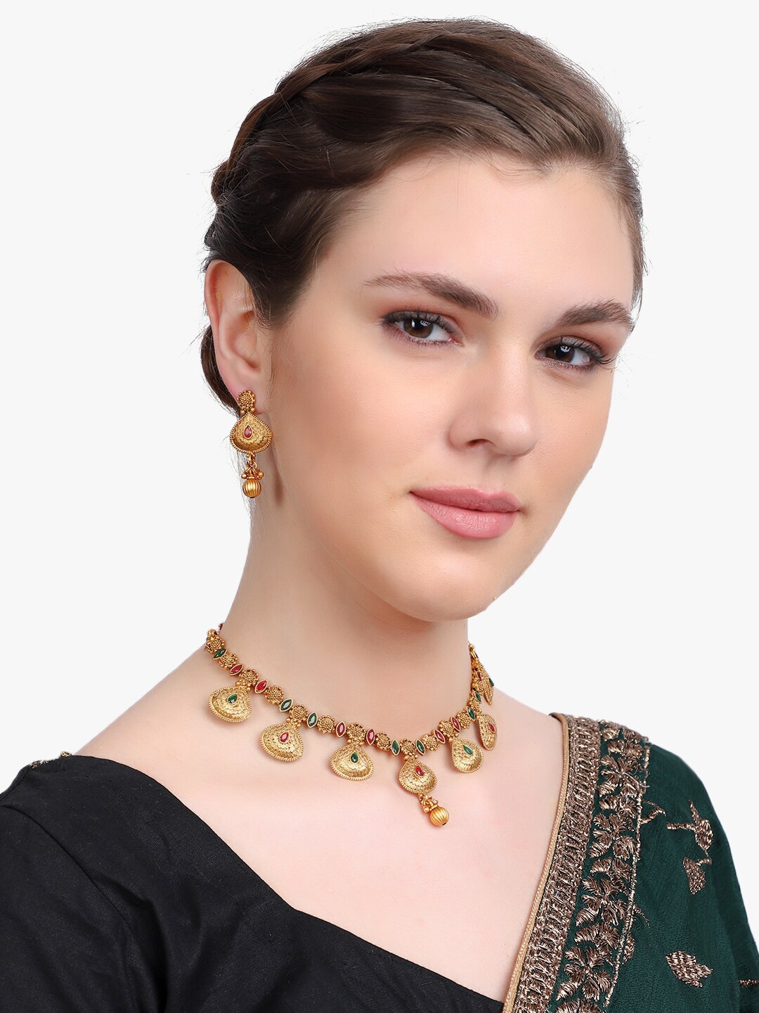 

Adwitiya Collection 24CT Gold-Plated Red & Green Stone-Studded & Beaded Antique Jewellery Set