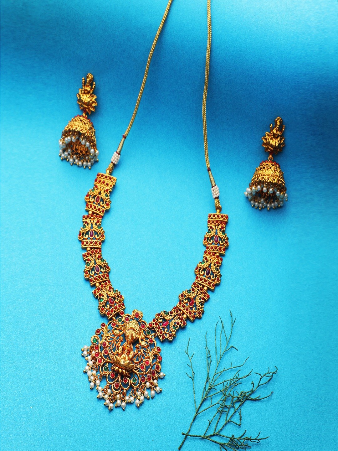 

Adwitiya Collection 24 CT Gold-plated Pink & Green Stone-Studded Beaded Temple Antique Handcrafted Jewellery Set