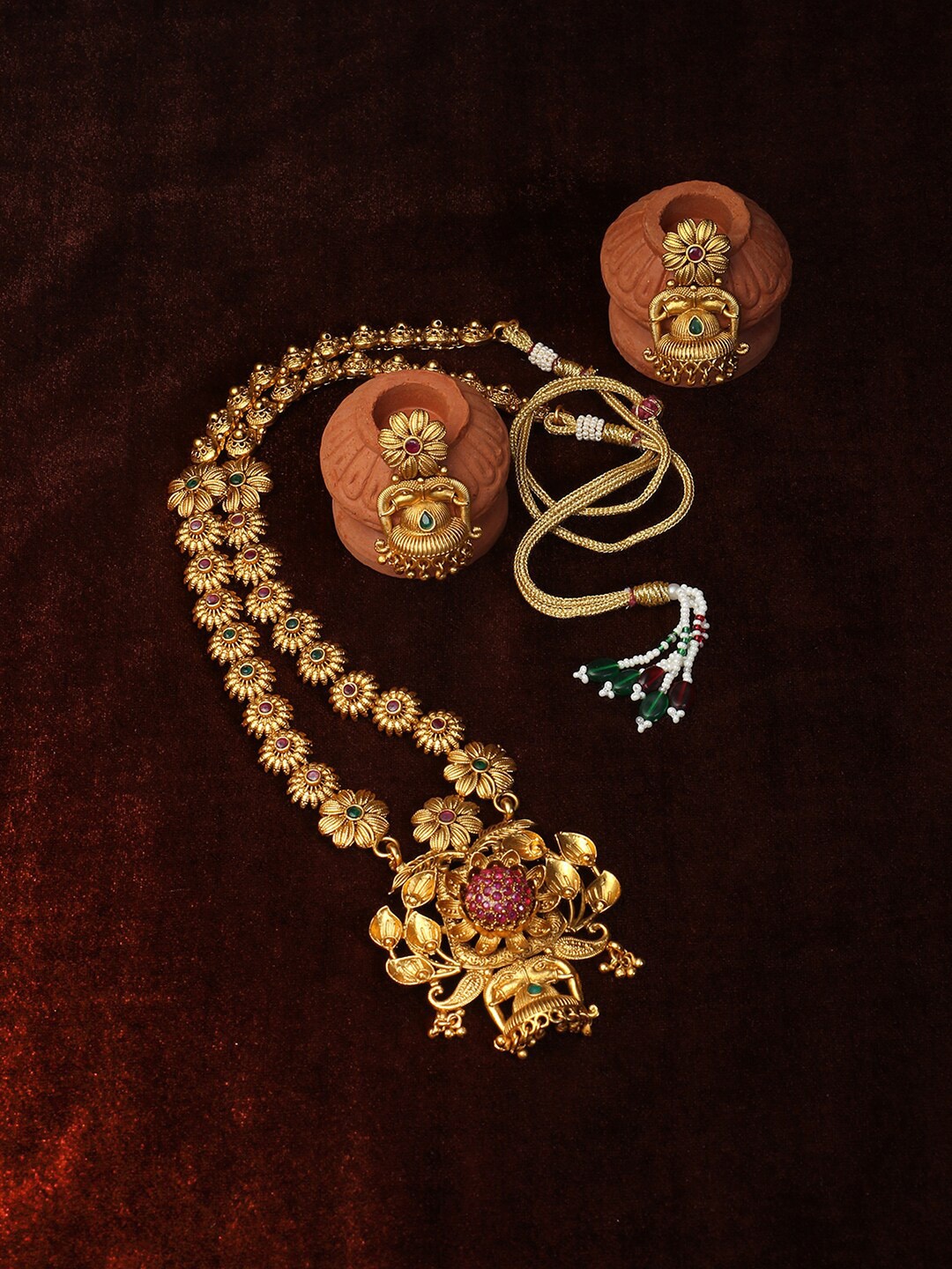 

Adwitiya Collection 24CT Gold-Plated Red & Green Stone-Studded & Beaded Antique Jewellery Set