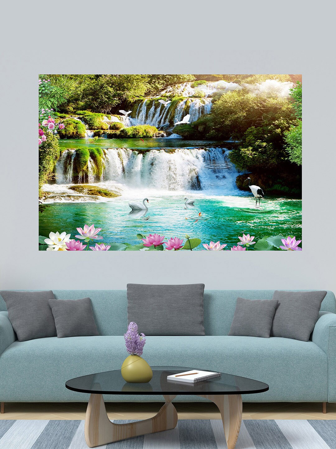 

WENS Green & Blue Printed Waterfall Good Fortune Self Adhesive Wall Poster for Home Decor