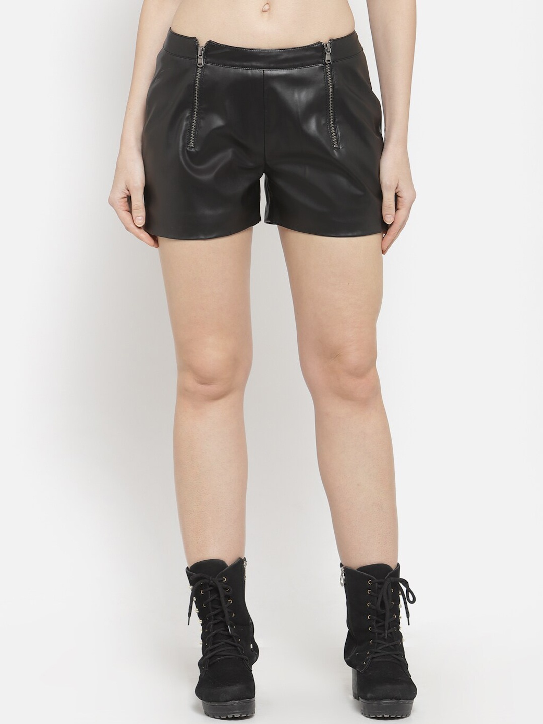 

BEAVER Women Black Slim Fit Polyester PU Coated Hot Pants