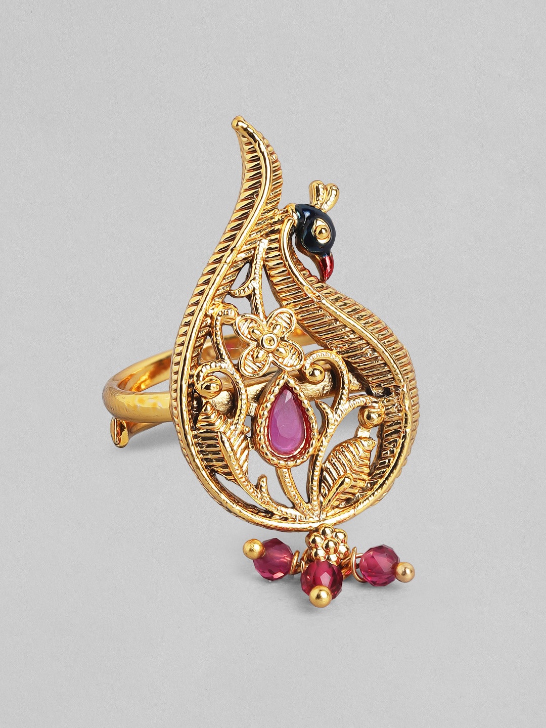 

Rubans 24K Gold-Plated & Pink Stone-Studded Adjustable Peacock Finger Ring