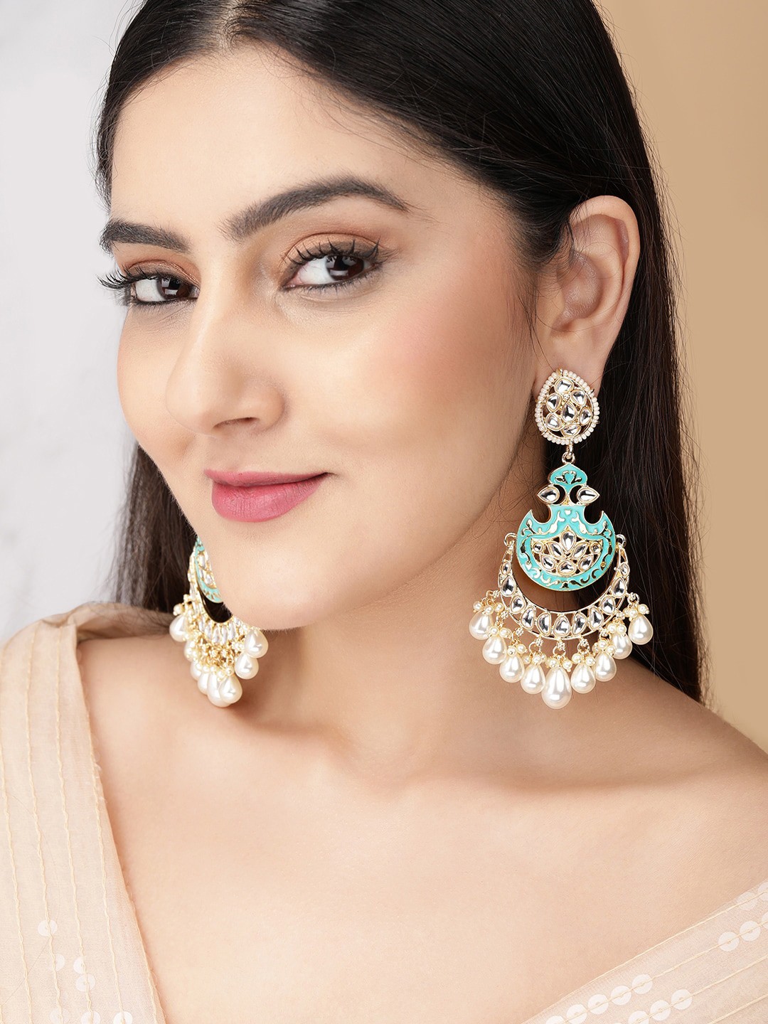 

Rubans Gold-Toned & Blue Enamelled & Kundan Studded Classic Drop Earrings