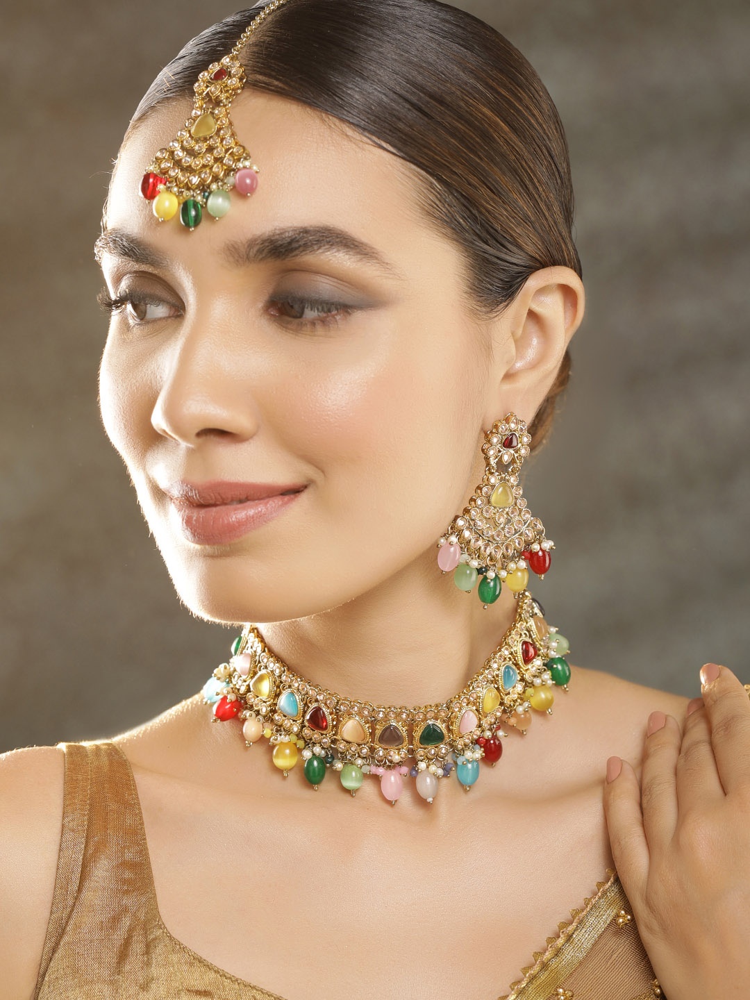 

Rubans Gold Plated Handcrafted Multicolored Stone Studded Beads Necklace Set